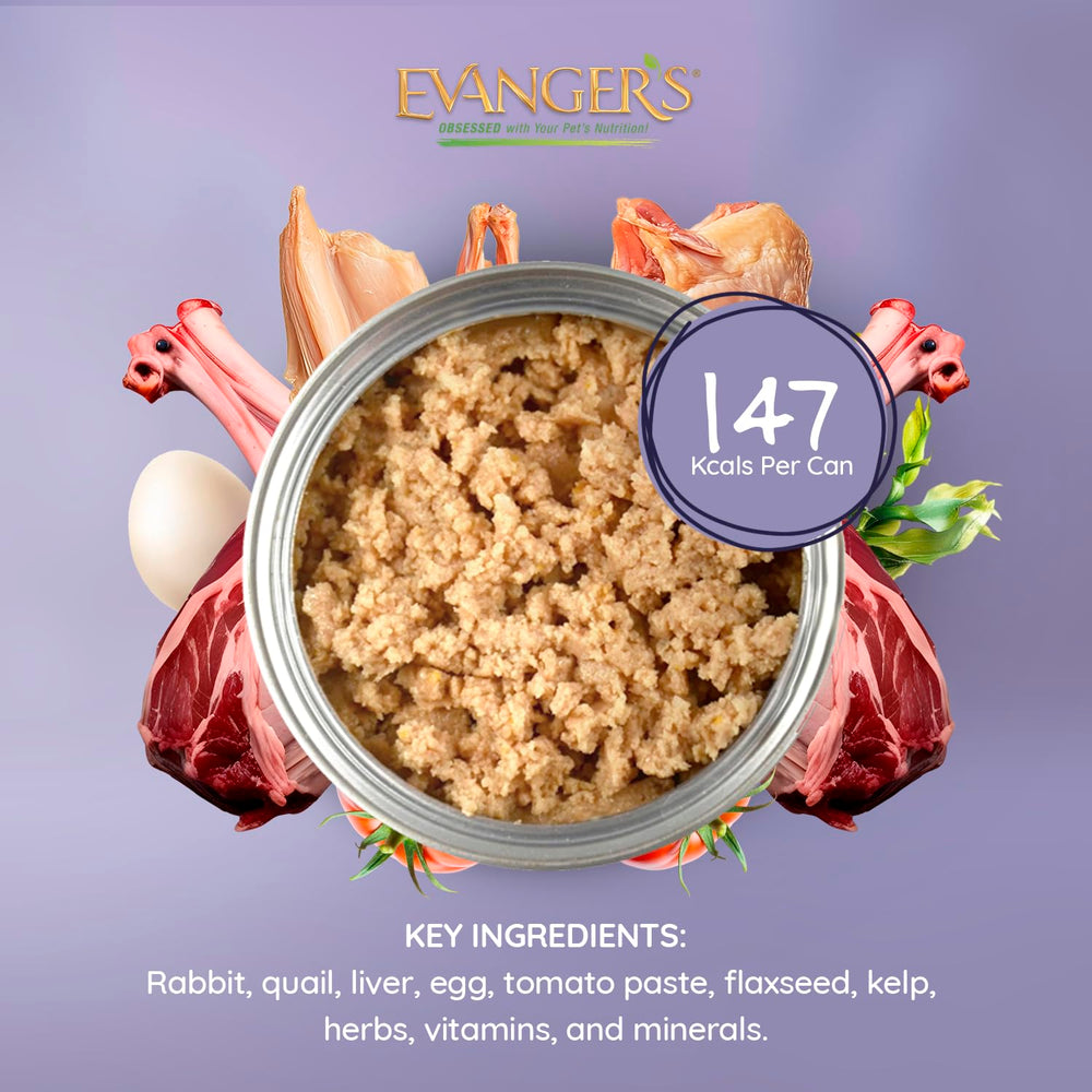 Evanger's Super Rabbit & Quail Dinner, caja de 24 latas, almacenamiento sencillo.