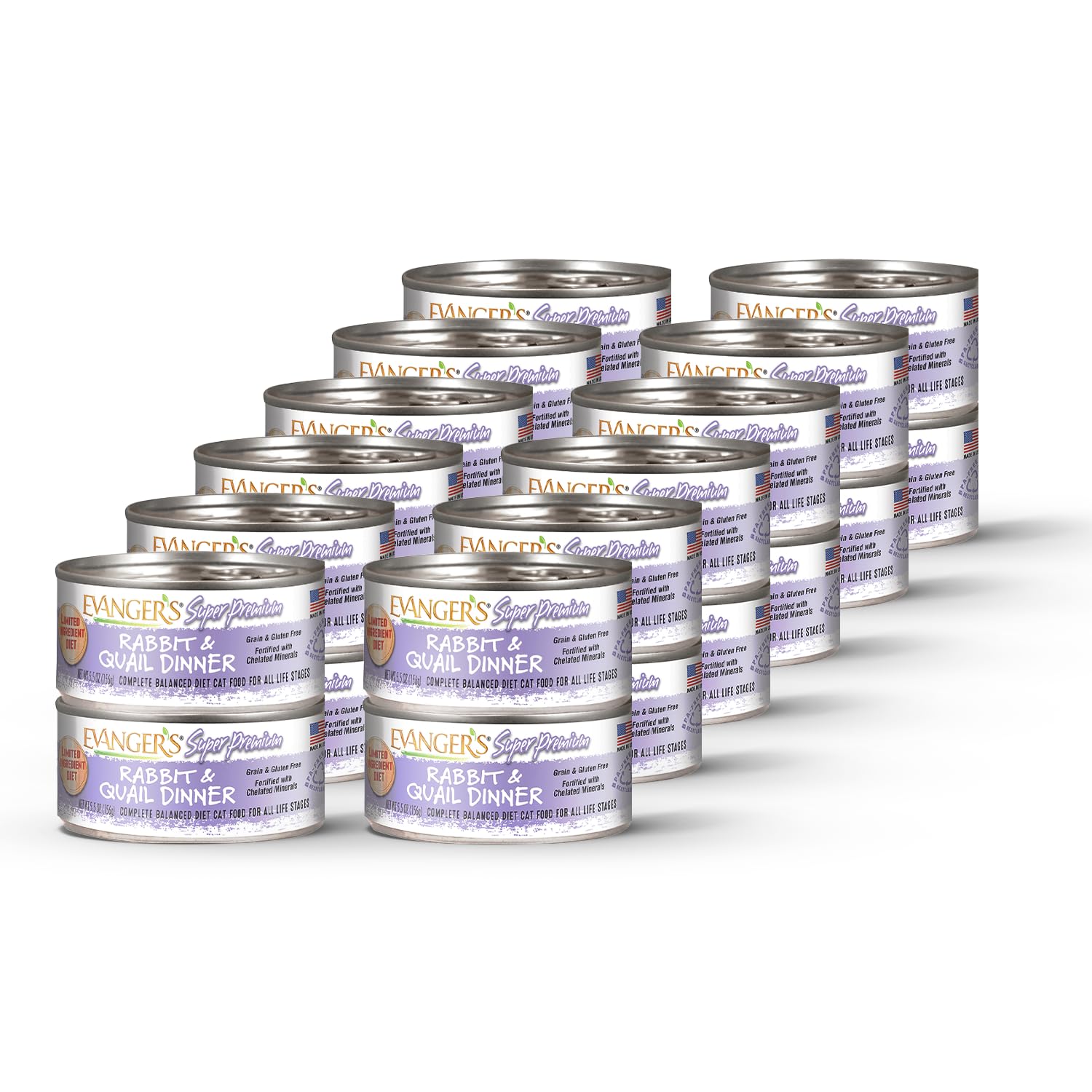 Evanger's Super Rabbit & Quail Dinner, lata frontal, favorece palatabilidad para gatos exigentes.