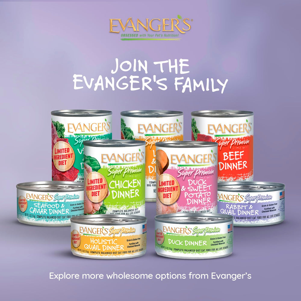 Evanger's Super Rabbit & Quail Dinner, proteínas novedosas, apta para gatos sensibles.