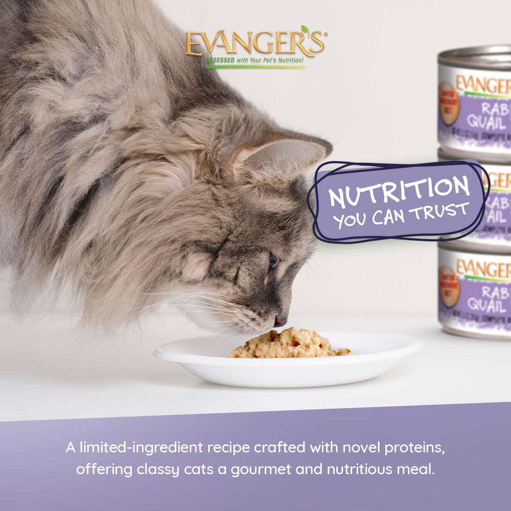 Evanger's Super Rabbit & Quail Dinner, textura pâté suave, fácil de comer para gatos.