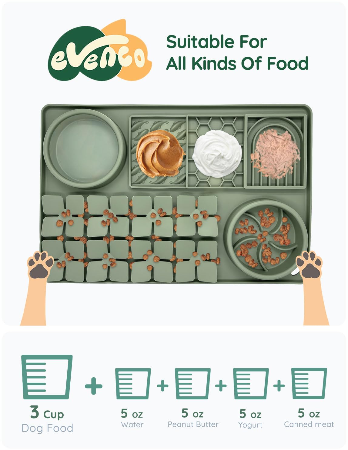 Evenco set interactivo verde para perros y gatos durante la hora de comer.