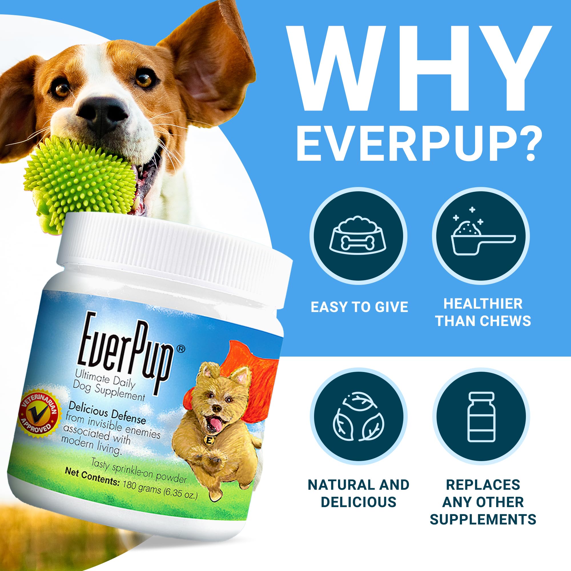 EverPup polvo con dosificador para dosis consistentes cada vez.
