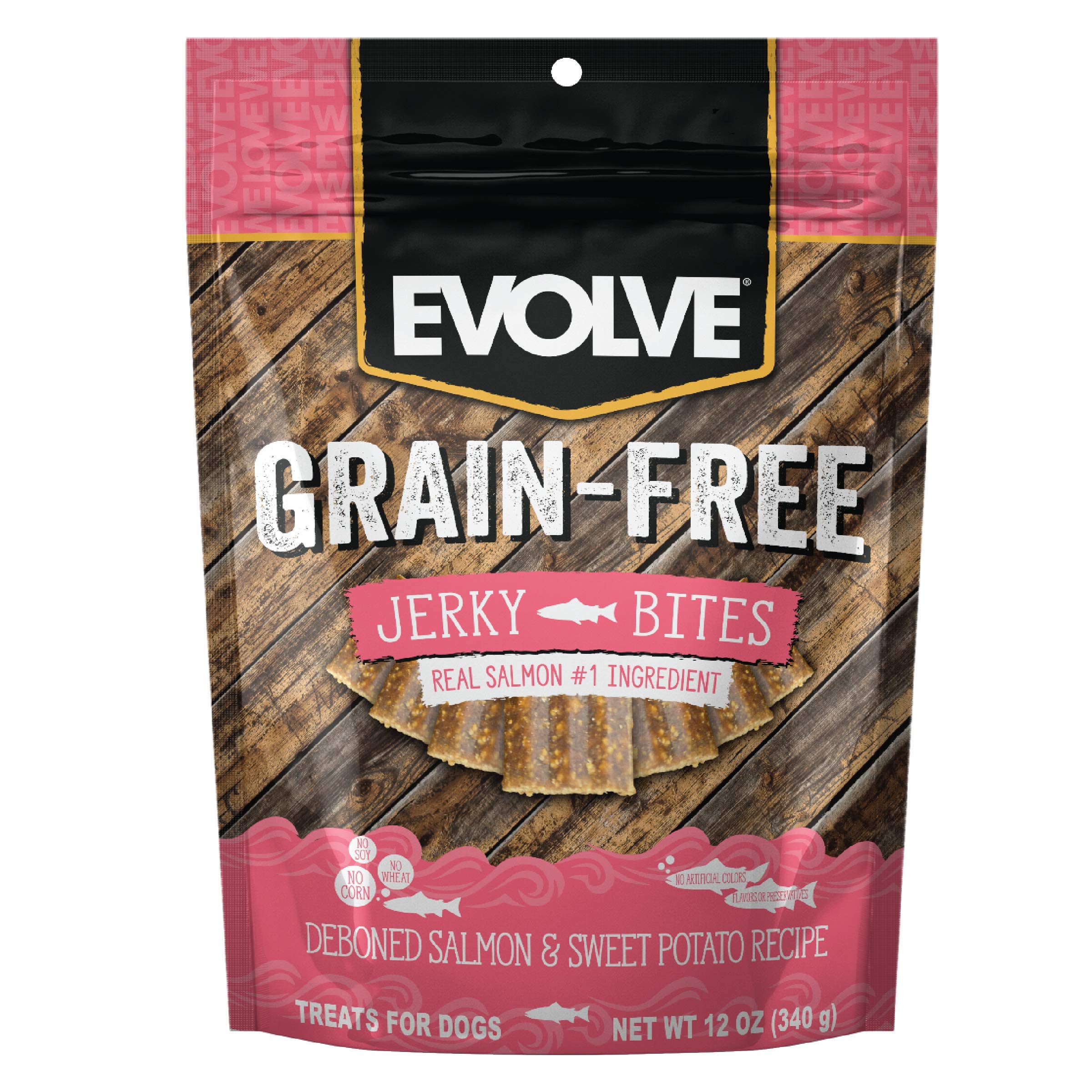 Evolve bocaditos-jerky-salmón-patata-dulce-premio suave para perros.