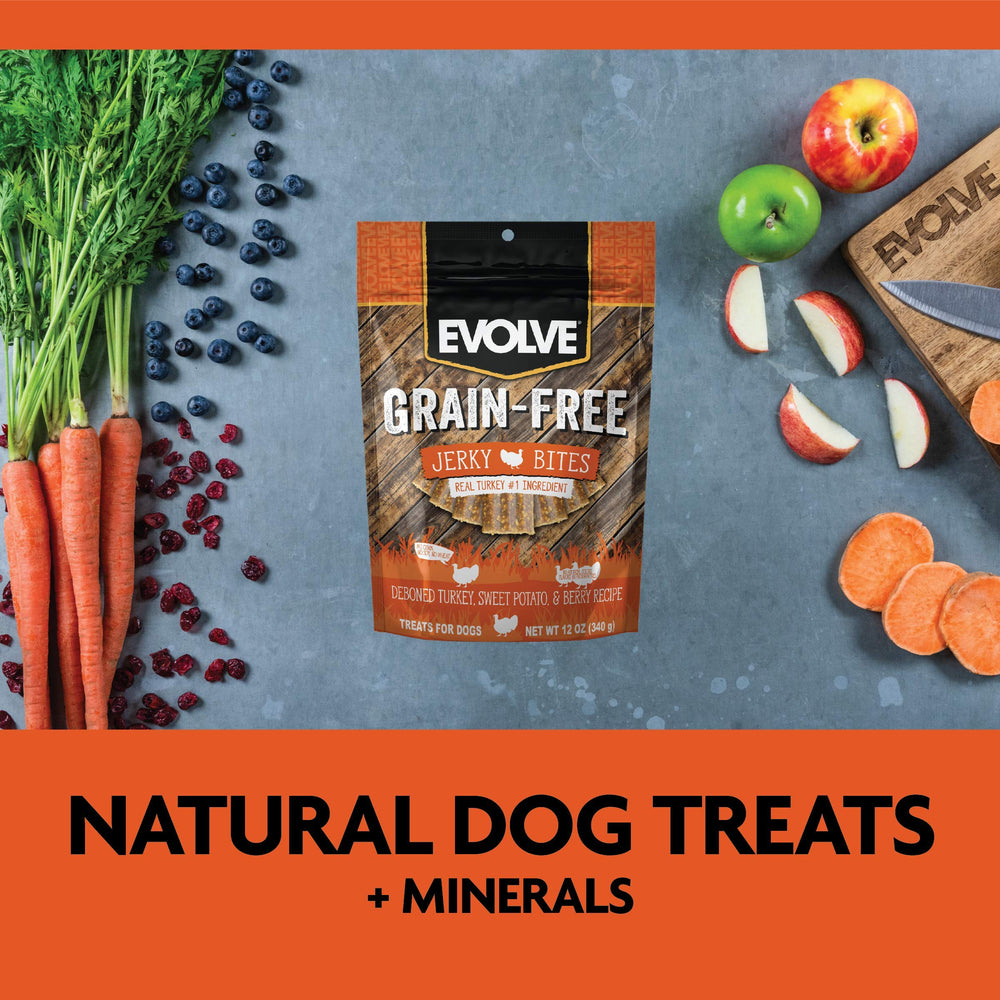 Bocaditos de pavo y bayas Evolve, snack versátil para entrenamiento diario.