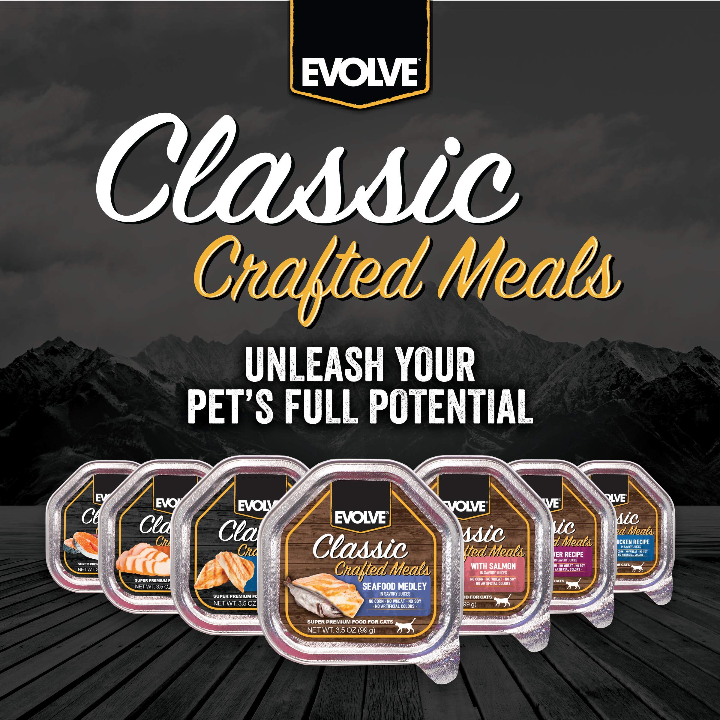 Evolve ingredientes de calidad en lata, venado y salmón para nutrición equilibrada.