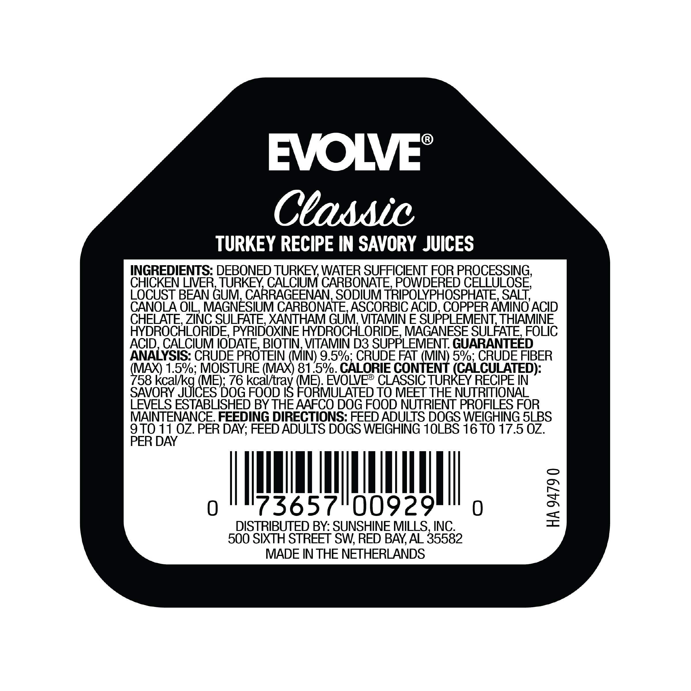 Evolve en lata con caldo de pavo, textura sabrosa para perros.