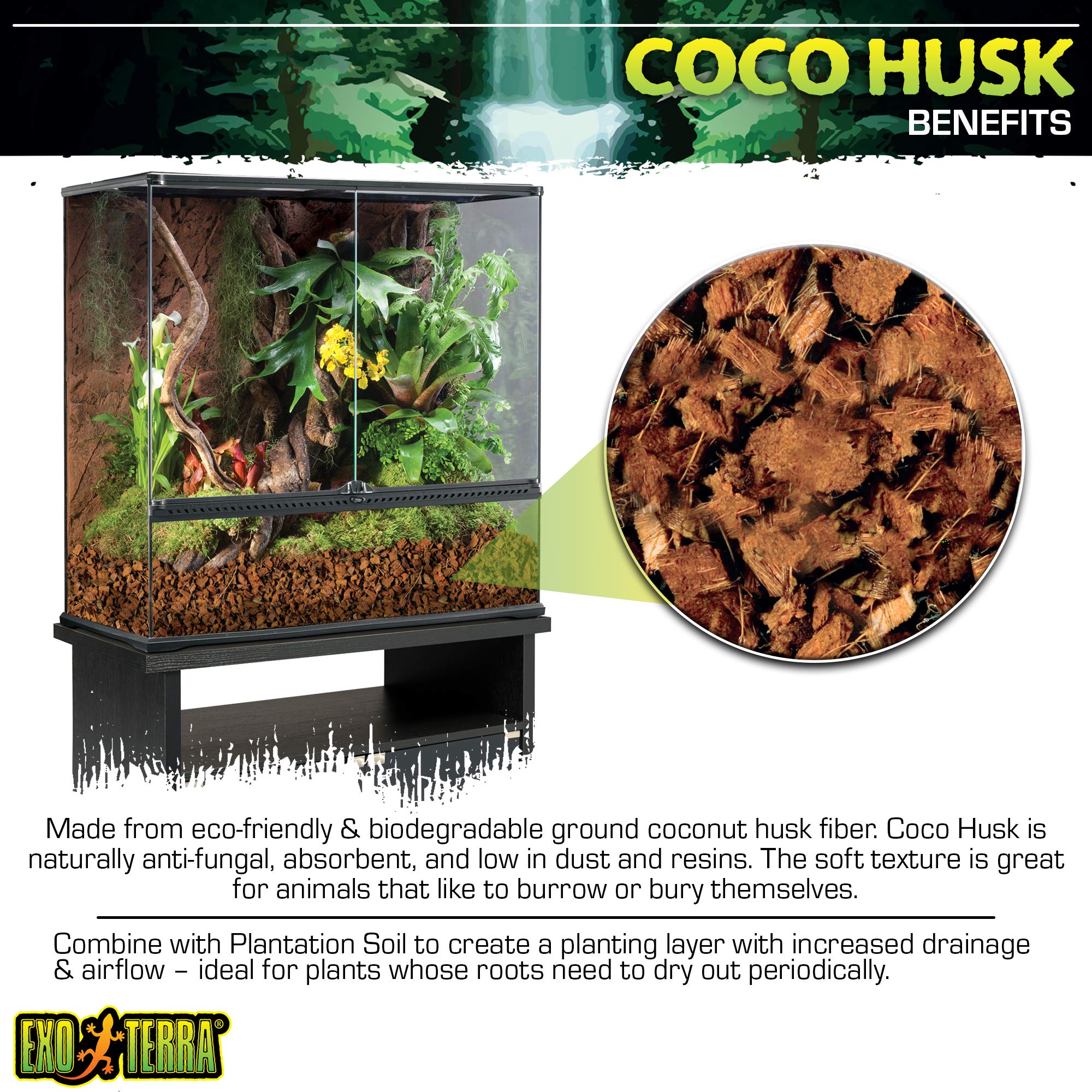 El Coco Husk Brick retiene humedad ambiental en terrarios para reptiles y anfibios.