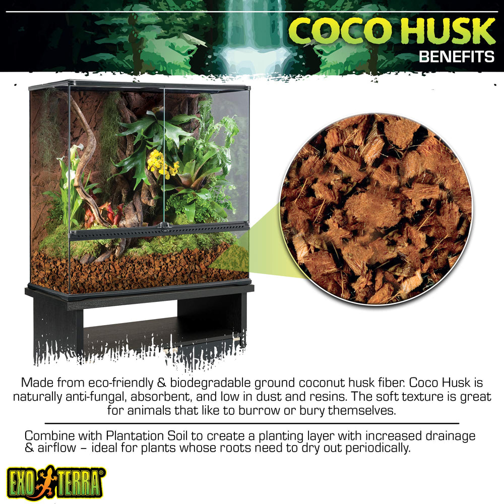 El Coco Husk Brick retiene humedad ambiental en terrarios para reptiles y anfibios.