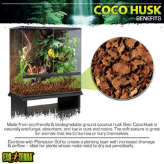 El Coco Husk Brick retiene humedad ambiental en terrarios para reptiles y anfibios.
