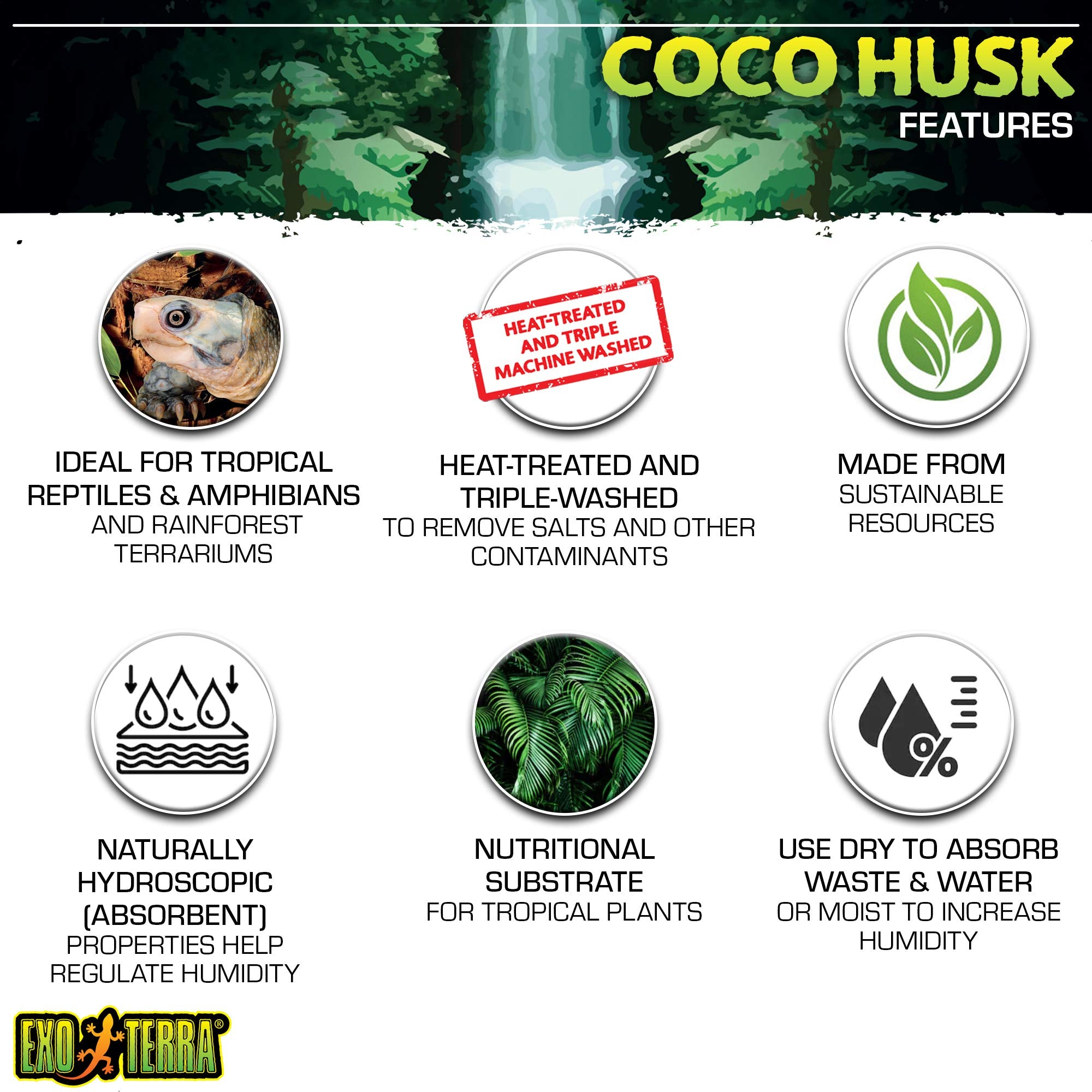 Exo Terra Coco Husk: sustrato natural que favorece la humedad estable.