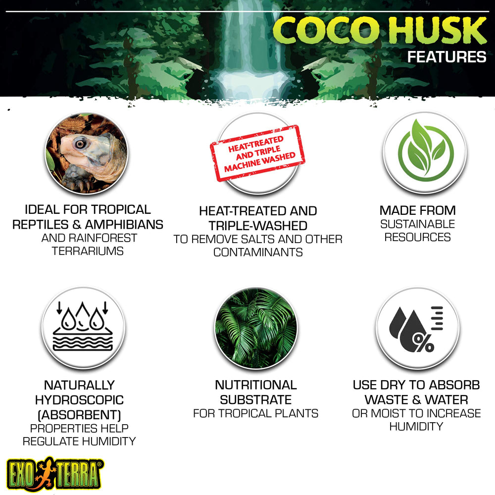 Exo Terra Coco Husk: sustrato natural que favorece la humedad estable.