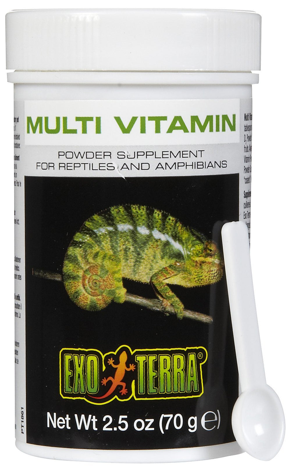 Exo Terra polvo multivitamínico en envase, apoya crecimiento saludable.