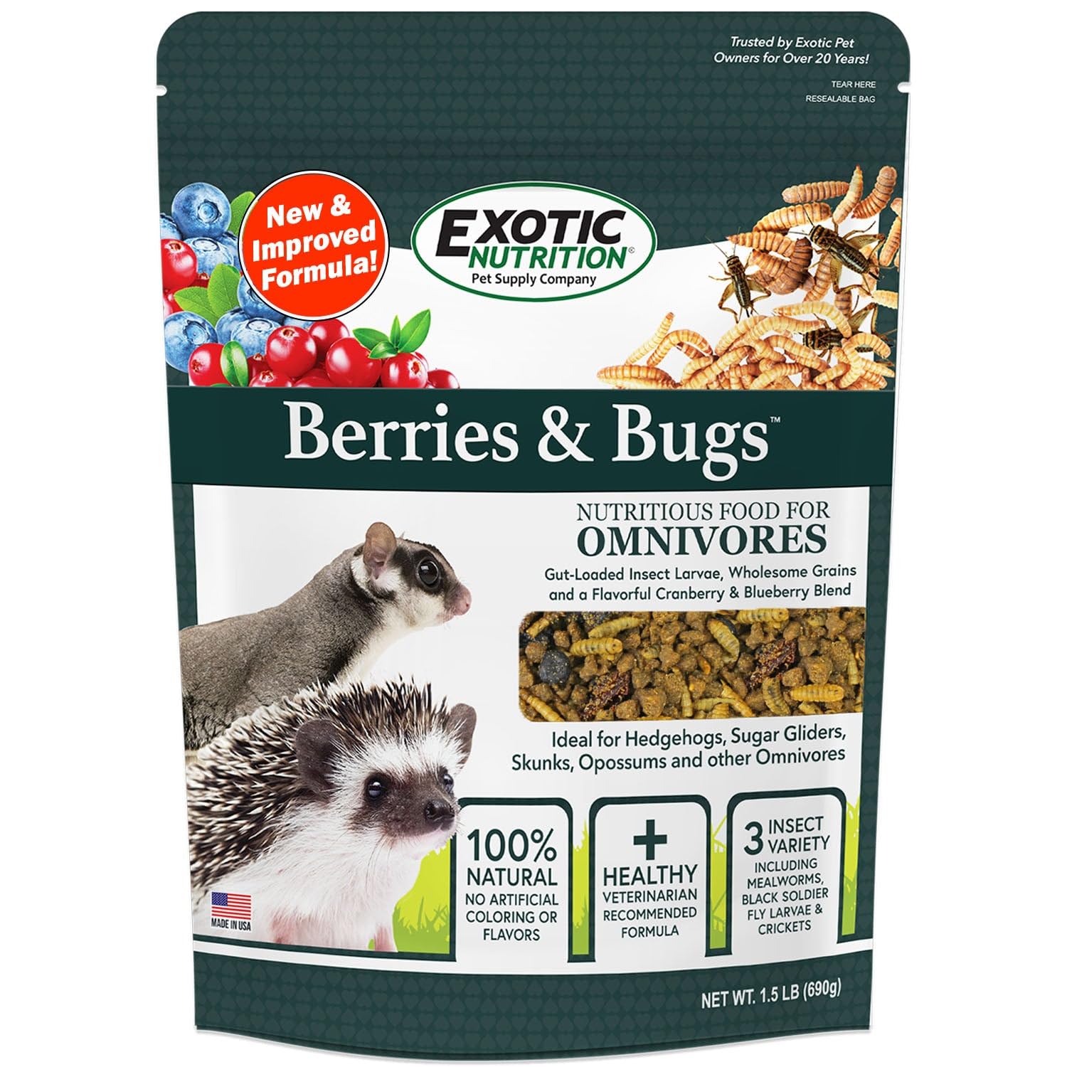 Exotic Nutrition Baies et Insectes – ingrédients gut-loaded pour une alimentation protéinée.