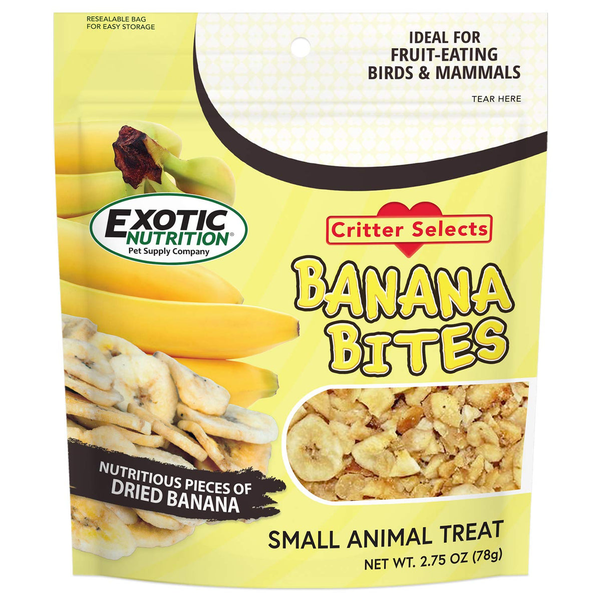 Exotic Nutrition Banana Bites, embalaje práctico para snack ligero y conveniente.