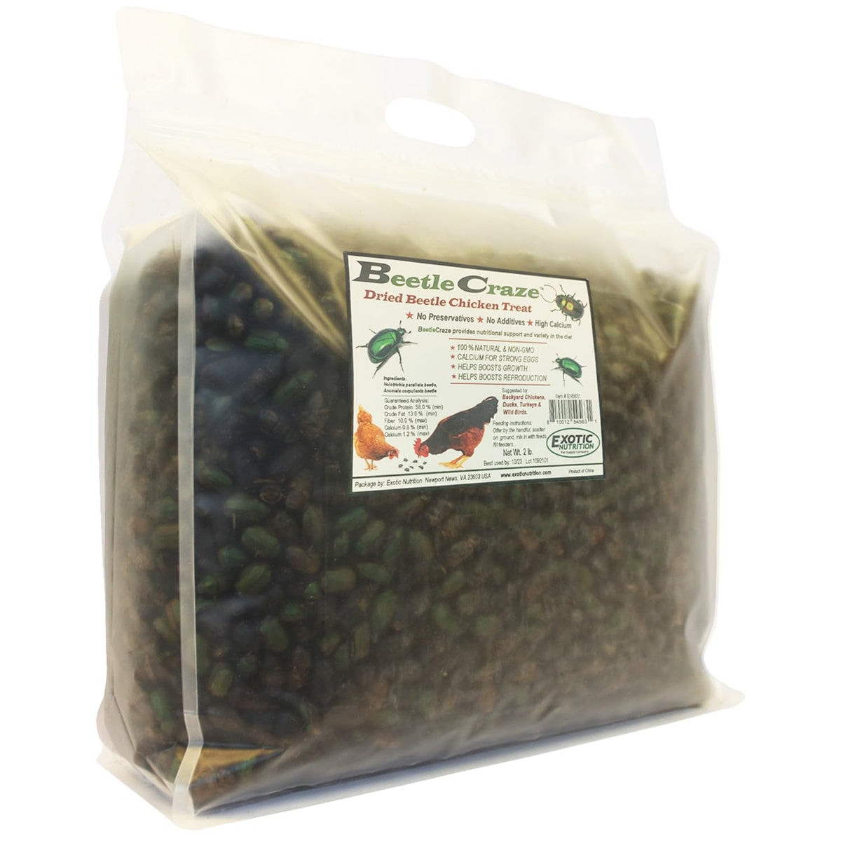 Beetle Craze de Exotic Nutrition en envase, fuente proteica para aves