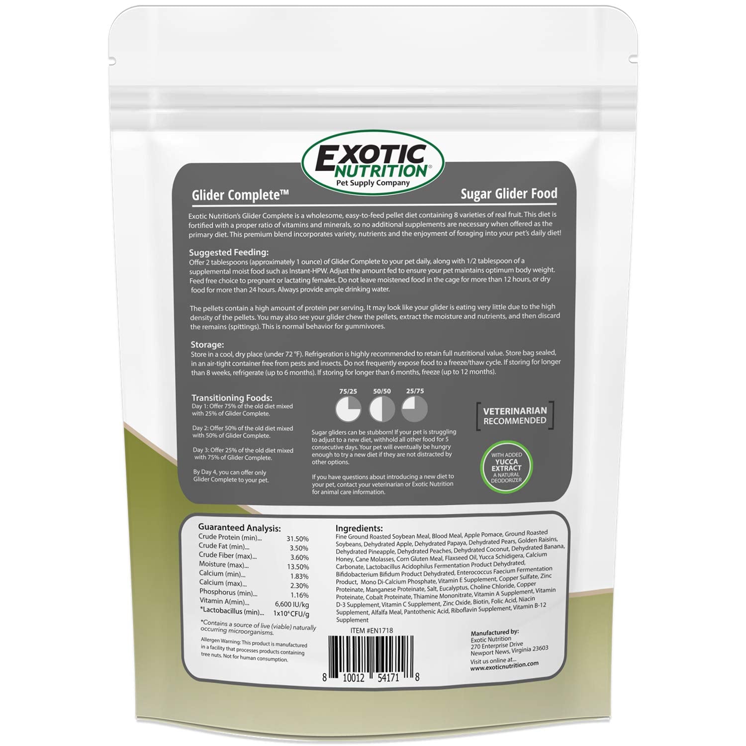 Glider Complete de Exotic Nutrition dieta completa para crecimiento de ardilla voladora