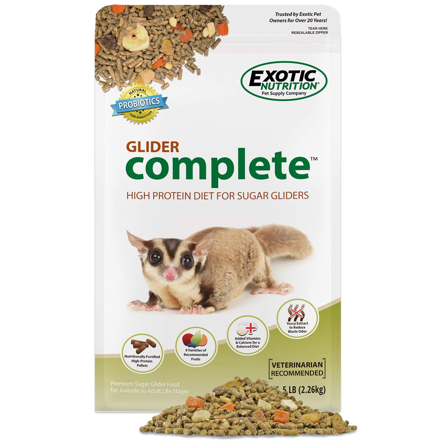Exotic Nutrition Glider Complete muestra un pellet nutritivo de alto contenido proteico para crecimiento.