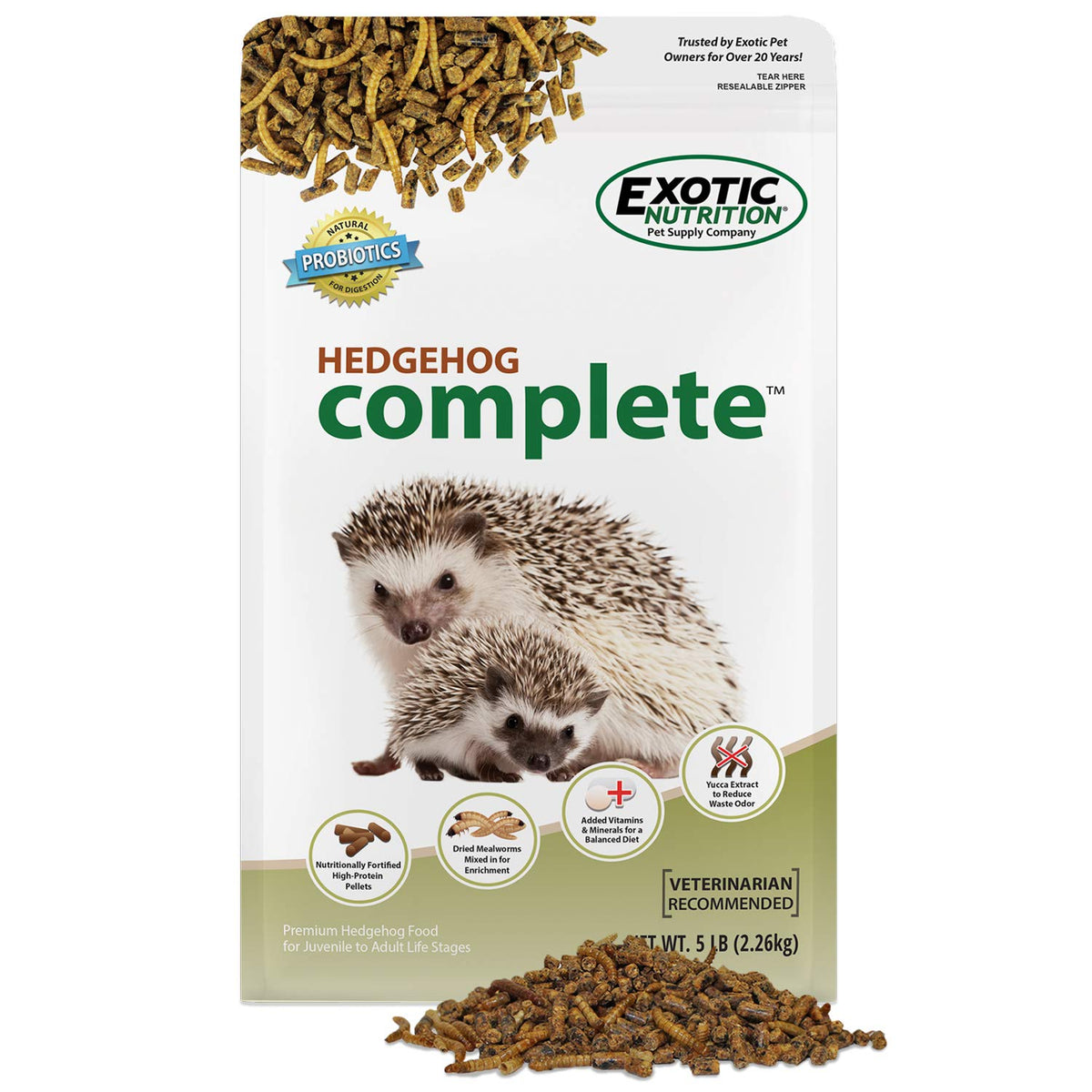 Exotic Nutrition Hedgehog Complete: bolsa de 5 lb, almacenamiento sencillo para dieta estable.