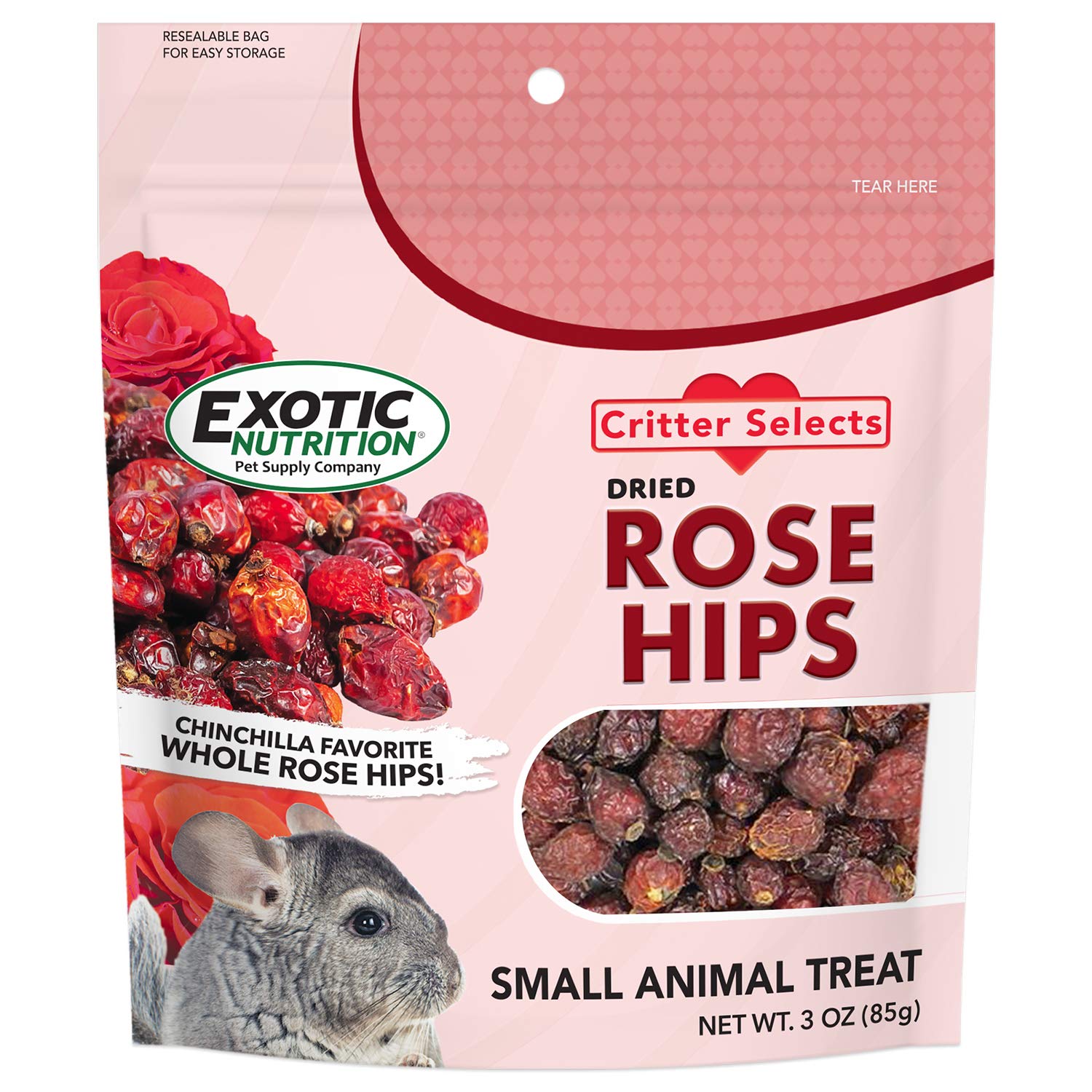 Exotic Nutrition hipos de rosa secos en envase, snack natural para roedores.