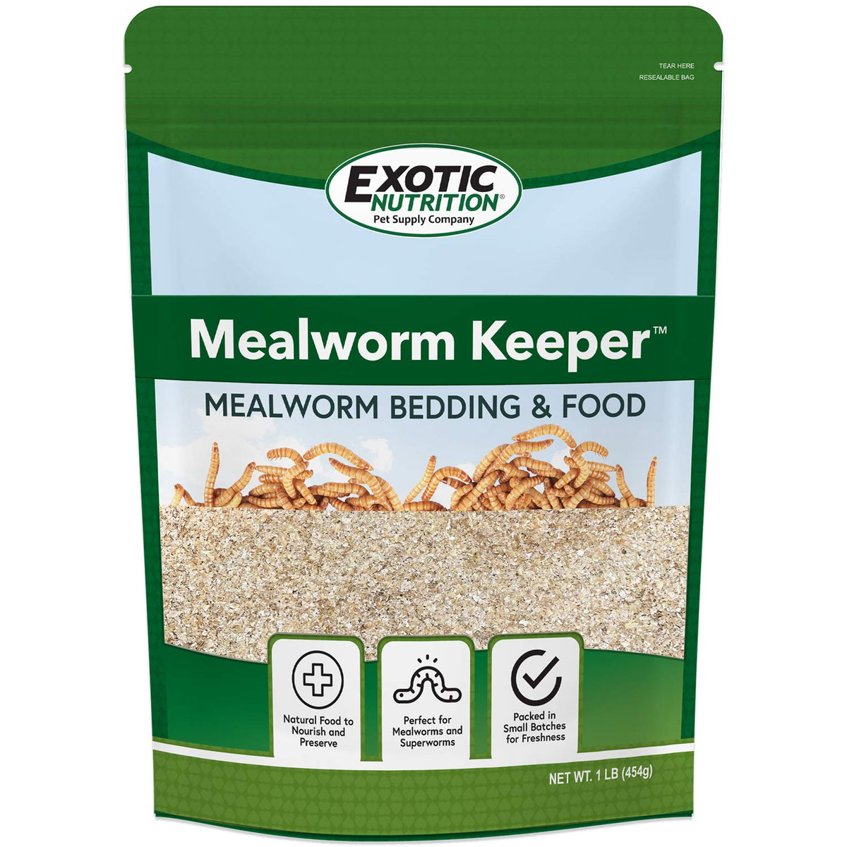 Exotic Nutrition Mealworm Keeper, cama para gusanos de harina que favorece cría estable.