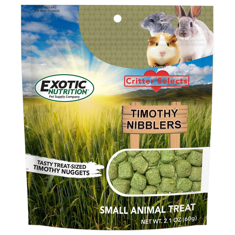 Exotic Nutrition mordiscos Timothy, envase frontal, snack crujiente para roedores y dientes sanos.