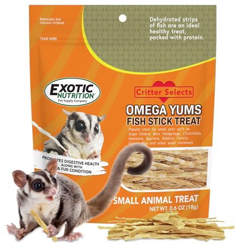 Omega YUMS Exotic Nutrition barrita-pescado para zarigueyas-voladoras, favorece variedad en la dieta.