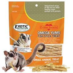 Omega YUMS Exotic Nutrition barrita-pescado para zarigueyas-voladoras, favorece variedad en la dieta.