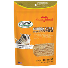 Omega Yums Exotic Nutrition, envase del producto, snack saludable para mascotas pequeñas.