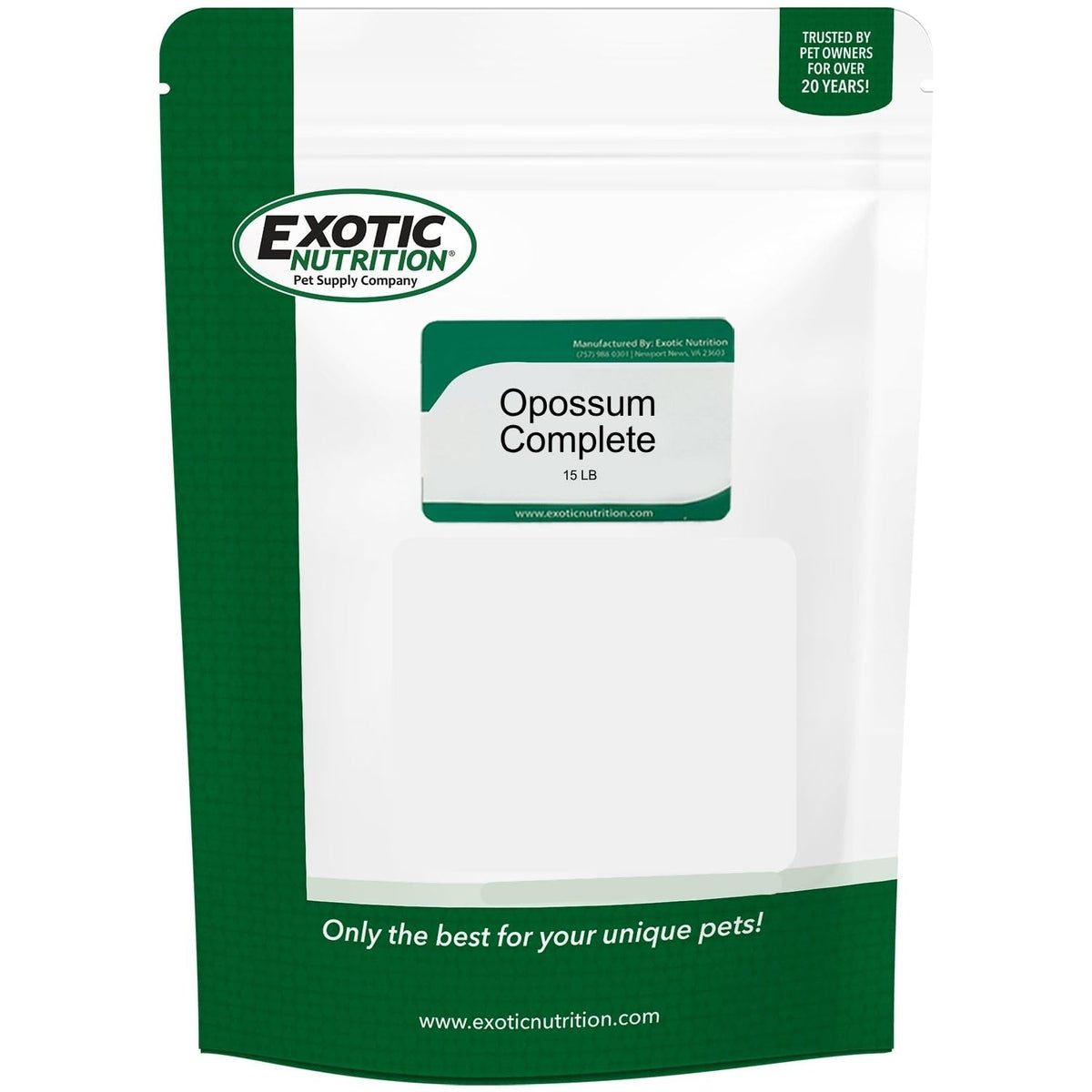 Exotic Nutrition Opossum Complete: gránulos de dieta completa para zarigüeyas, fuente de proteína y calcio.