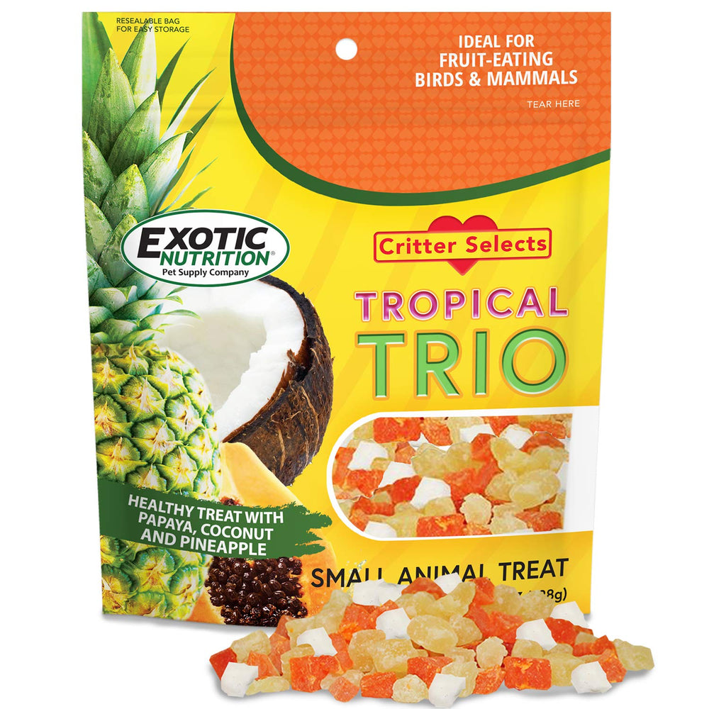 Exotic Nutrition Tropical Trio con papaya seca para frugívoros y juego.