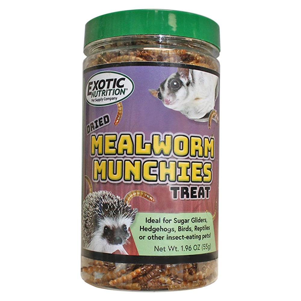 Exotic Nutrition Mealworm Munchies en frasco: snack práctico y proteico para mascotas.
