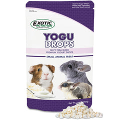 Yogu Drops de Exotic Nutrition en envase 14 oz, snack natural para pequeñas mascotas.