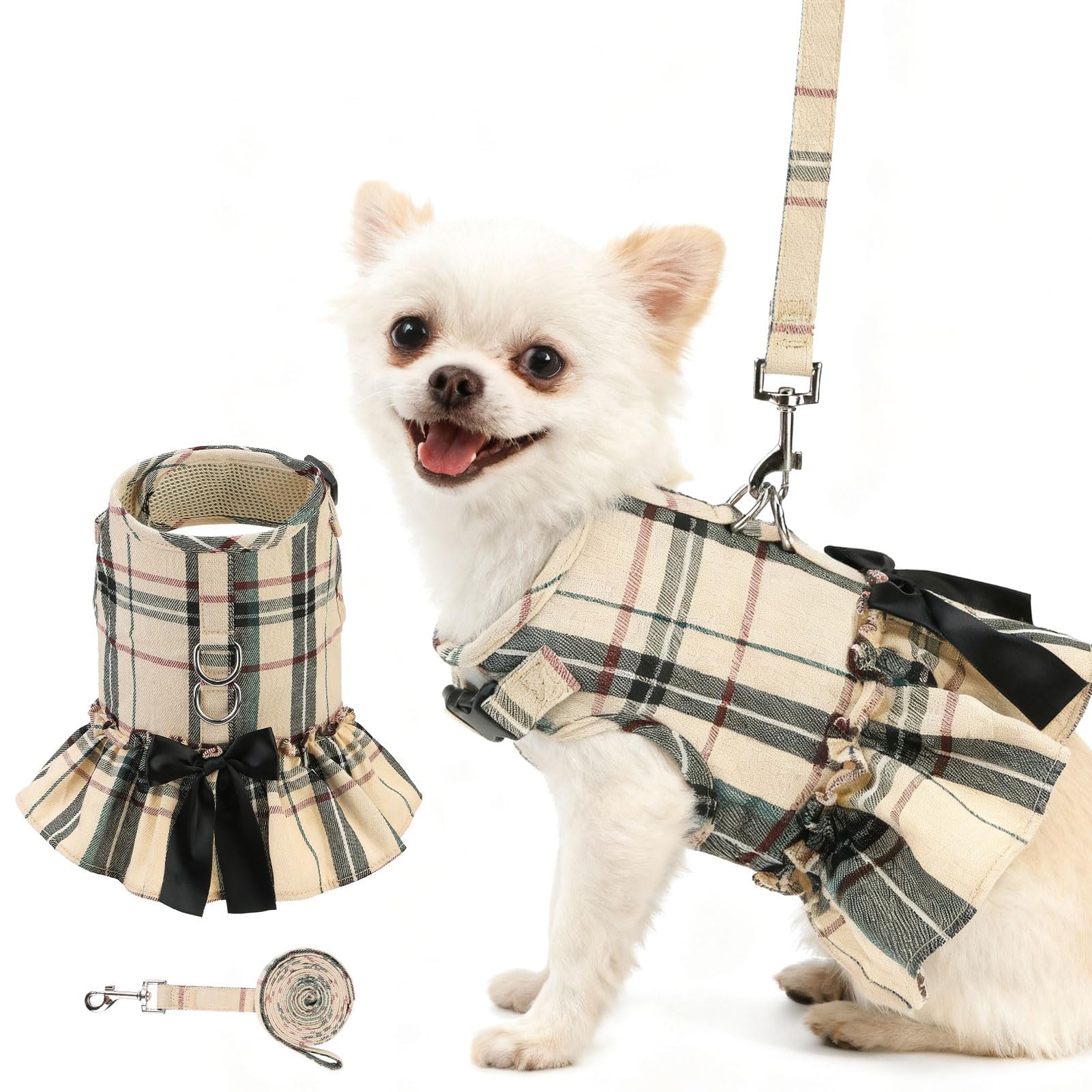 EXPAWLORER arnés para perro talla XS con cuadros beige, ajuste cómodo para paseos diarios.