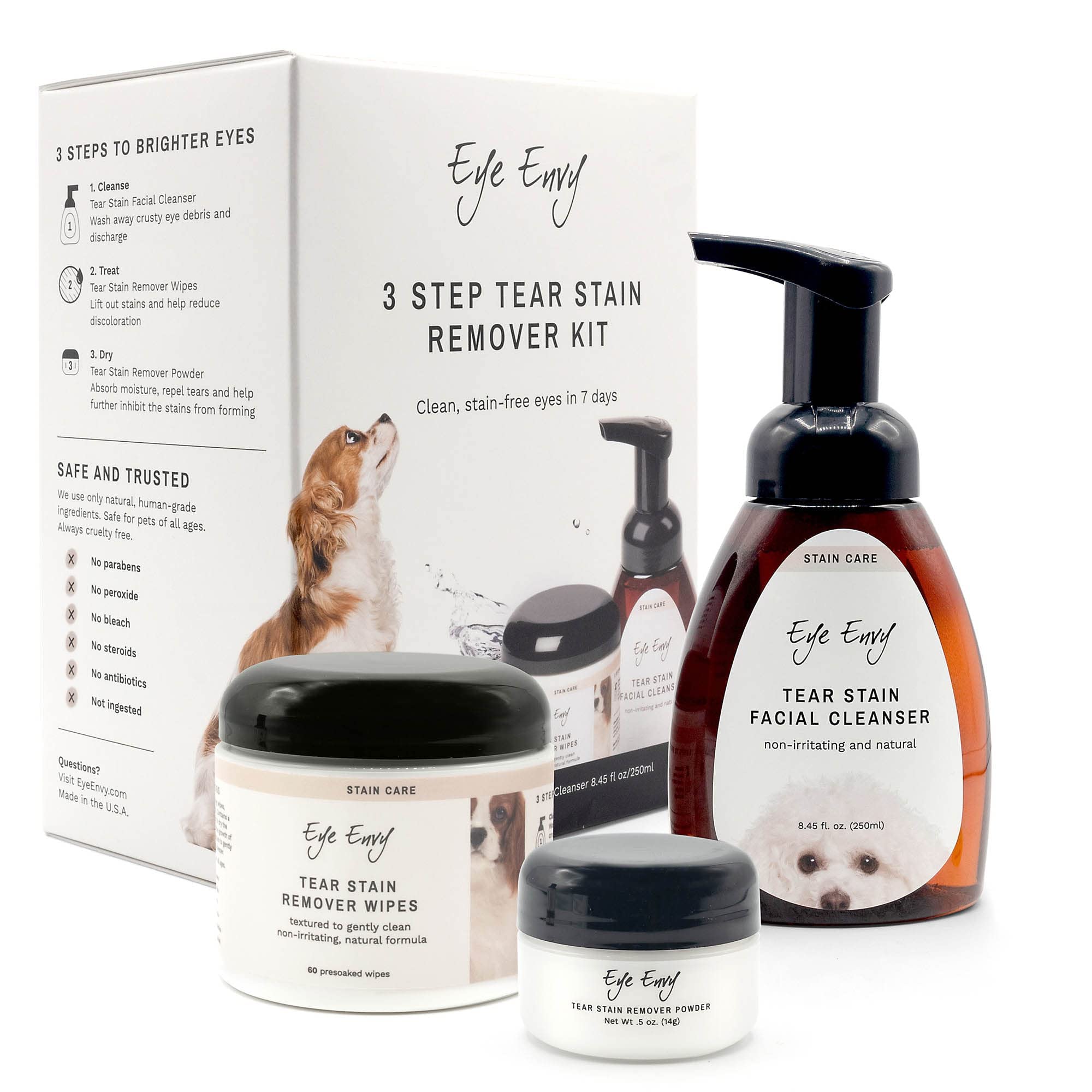 Eye Envy limpieza facial para manchas de lágrimas alrededor de los ojos del perro.