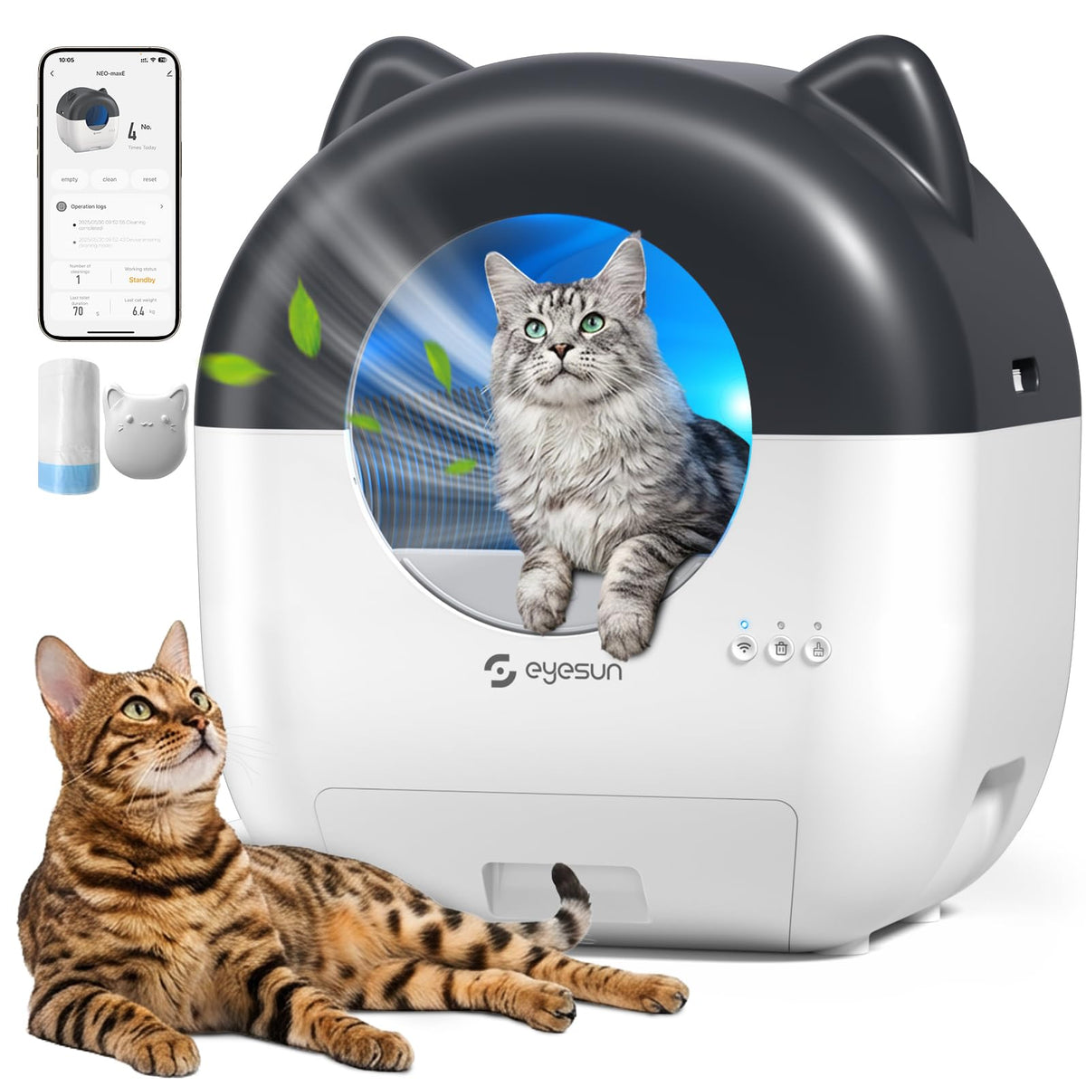 Eyesun caja de arena automática, capacidad 76L, ideal para hogares con varios gatos.