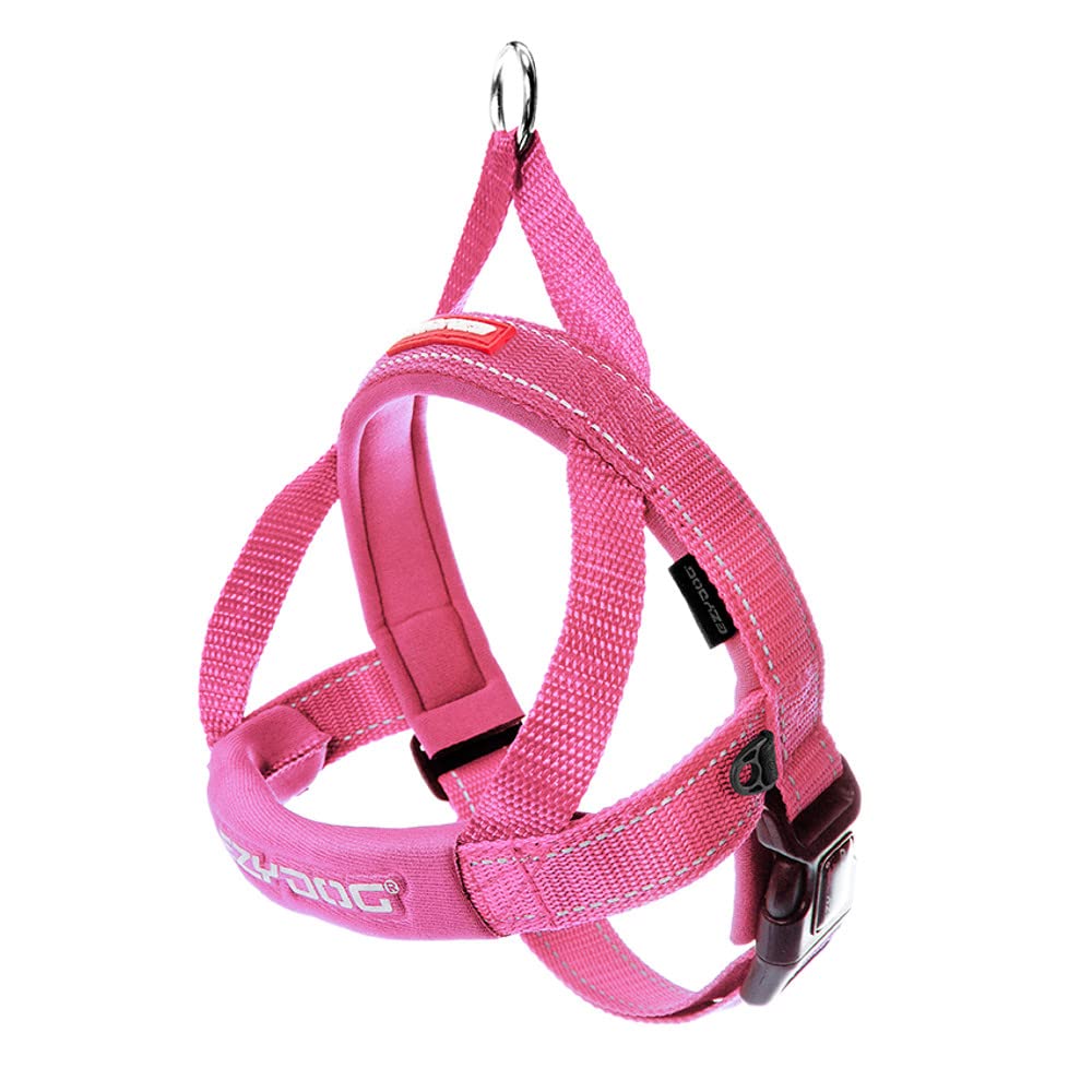 Arnés EzyDog rosa frente, ajuste rápido para paseos diarios.
