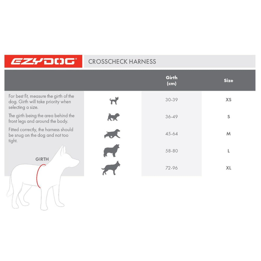 Arnés EzyDog Crosscheck con figura 8 para evitar escapes.