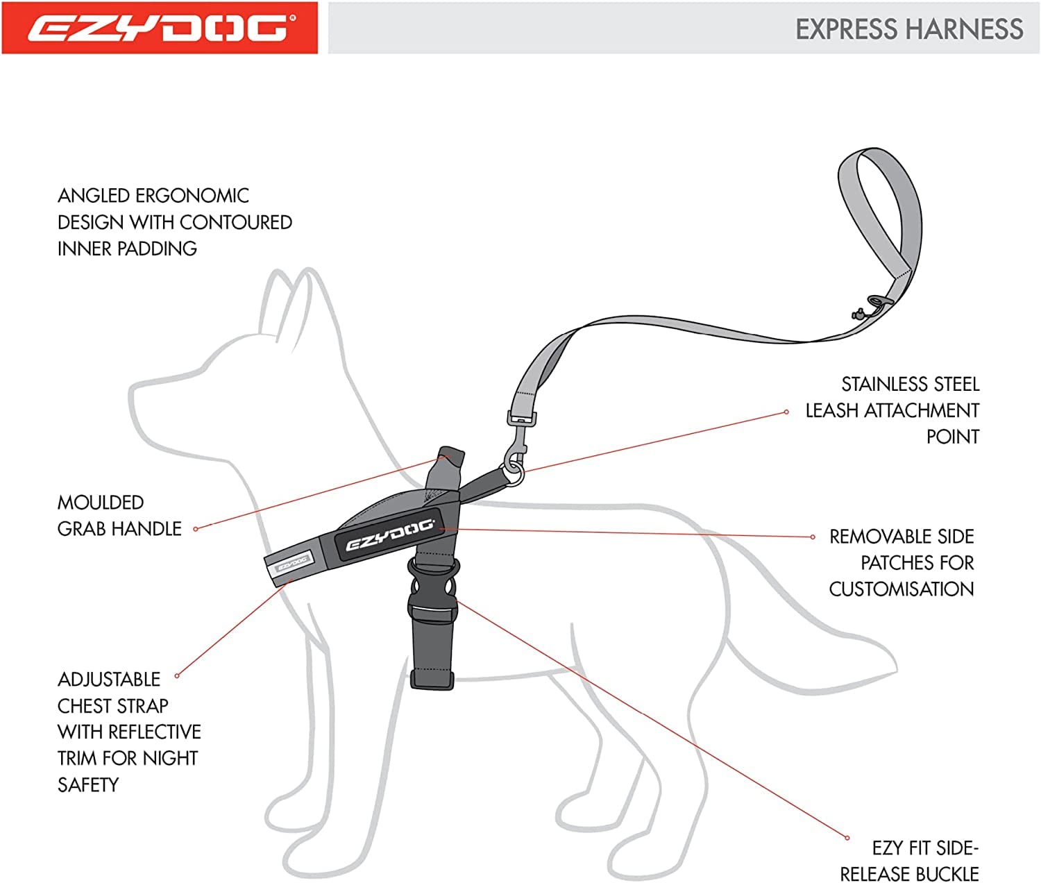 Arnés EzyDog Express compatible con accesorios UpFront para mayor versatilidad