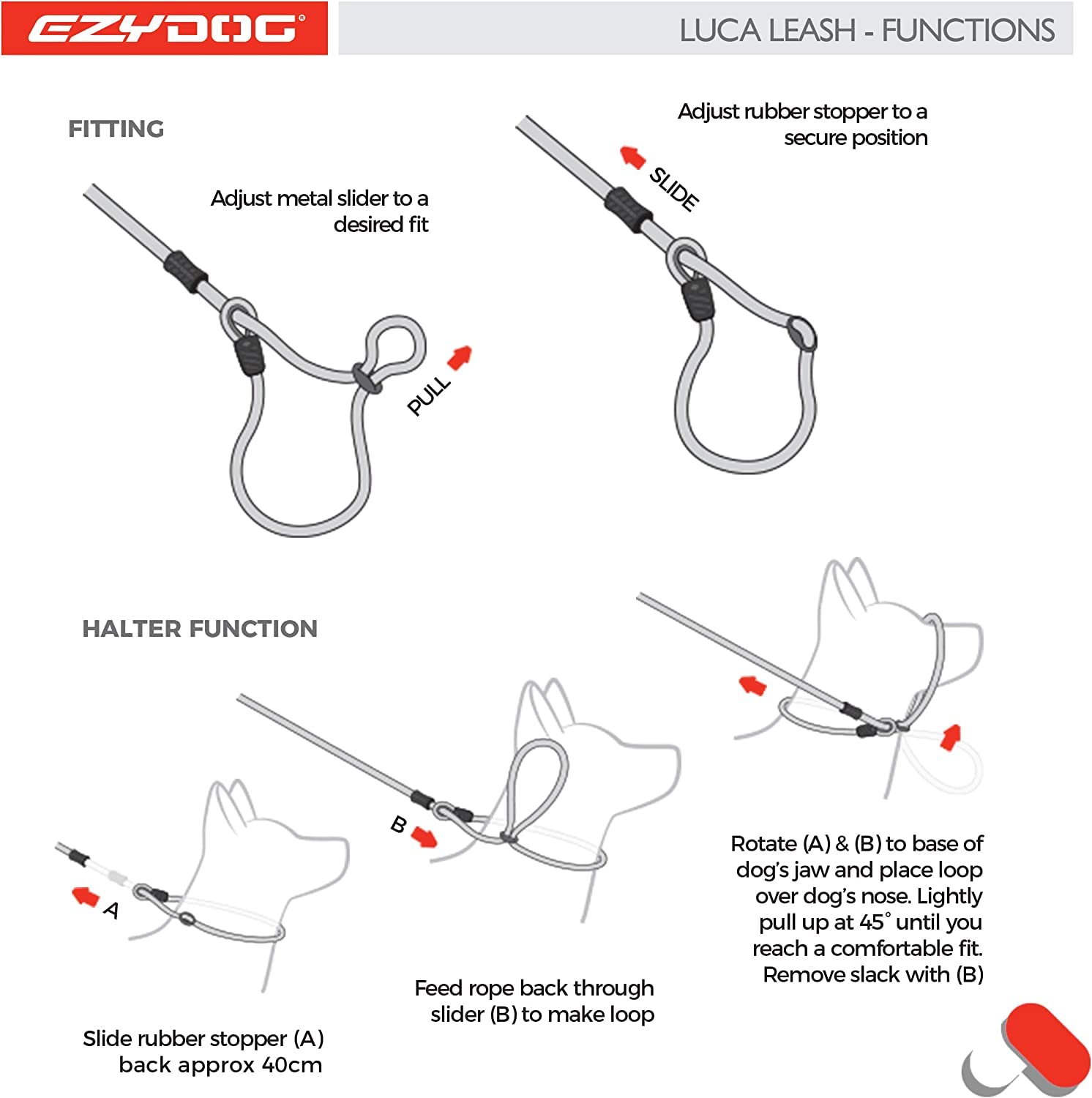 EzyDog Luca Slip Lead opciones estandar lite para diferentes grosores
