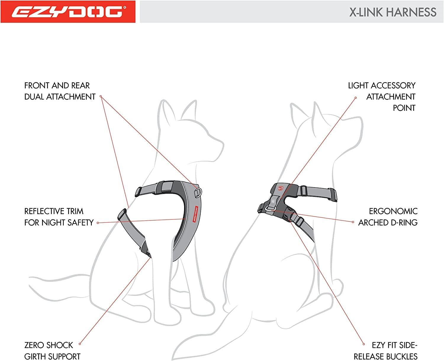 EzyDog X-Link: arnés acolchado para comodidad durante caminatas largas.