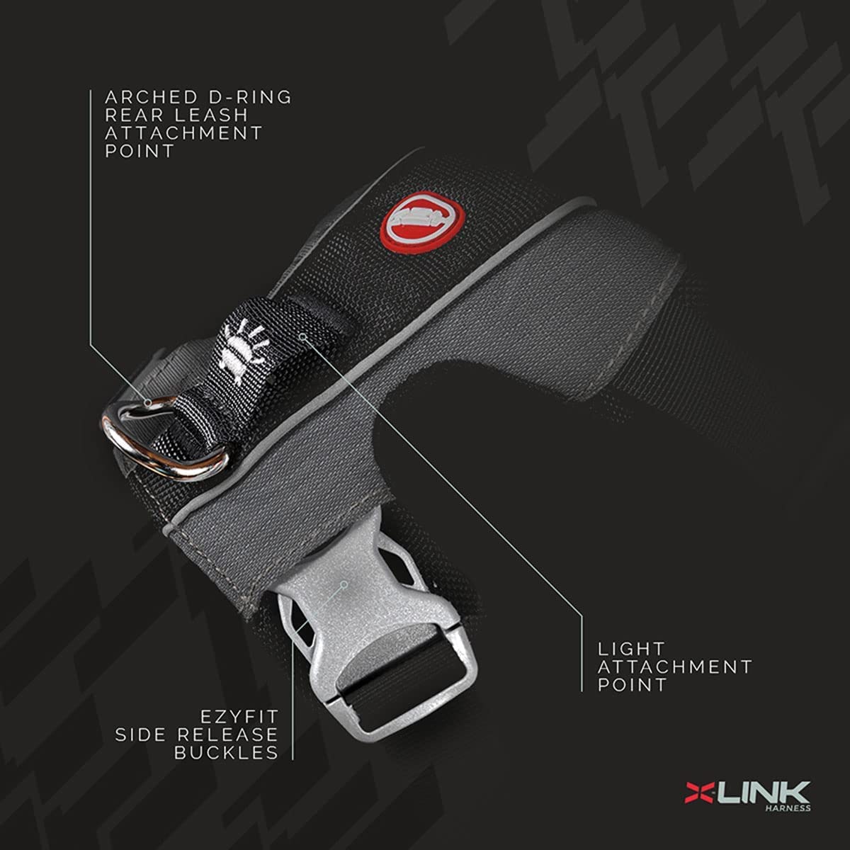 EzyDog X-Link: cierres de liberación rápida para ponerte y quitarte fácilmente.