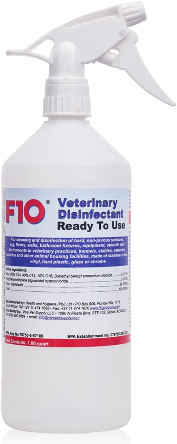 F10 desinfectante todo uso, botella de 1 L, listo para usar en superficies.