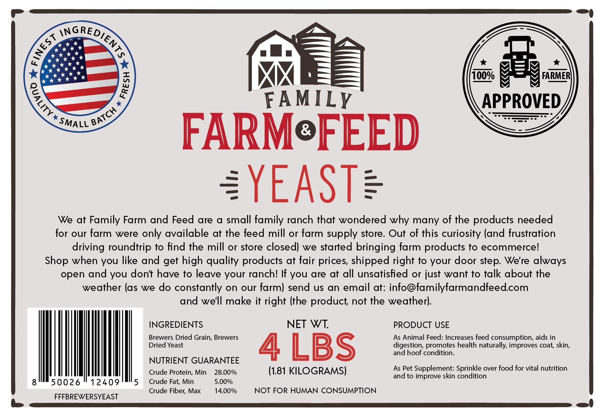 FAMILY FARM AND FEED levadura de cerveza en envase estable para almacenamiento prolongado