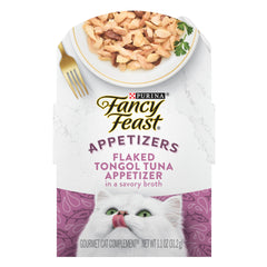Fancy Feast Appetizers montre le thon tongol sur plateau ouvert, collation pratique pour chat.