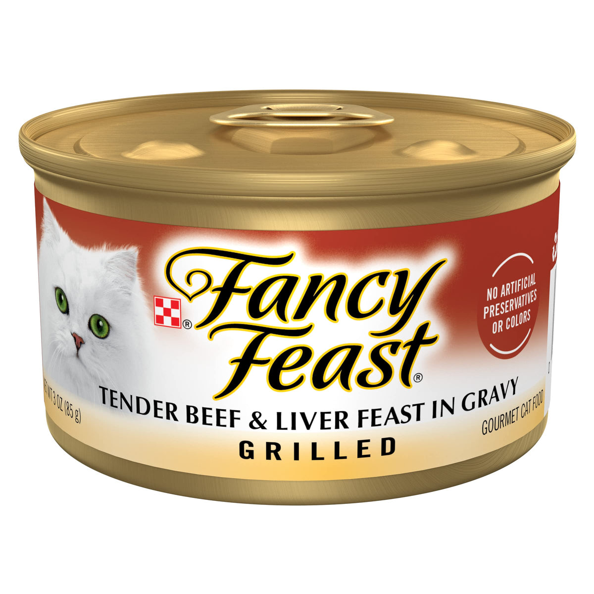Fancy Feast asado de res y hígado en lata de 3 oz, porción ideal para gato adulto.
