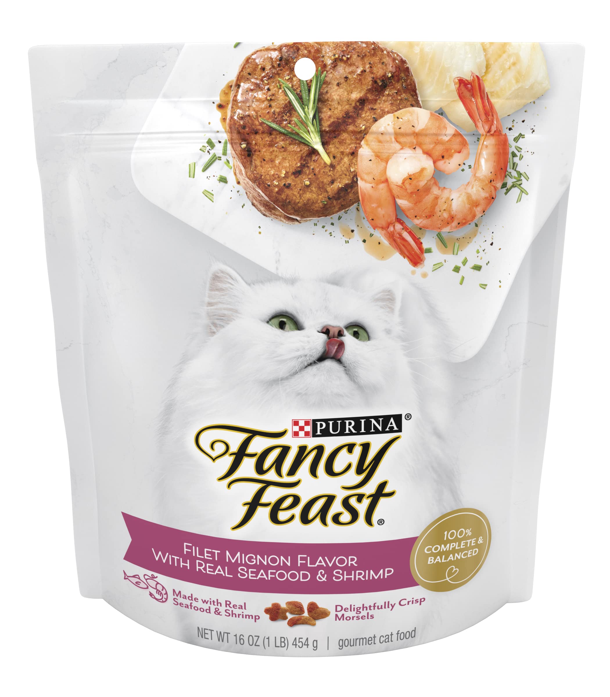 Fancy Feast Filet Mignon con mariscos reales y camarón, bolsa de 16oz.