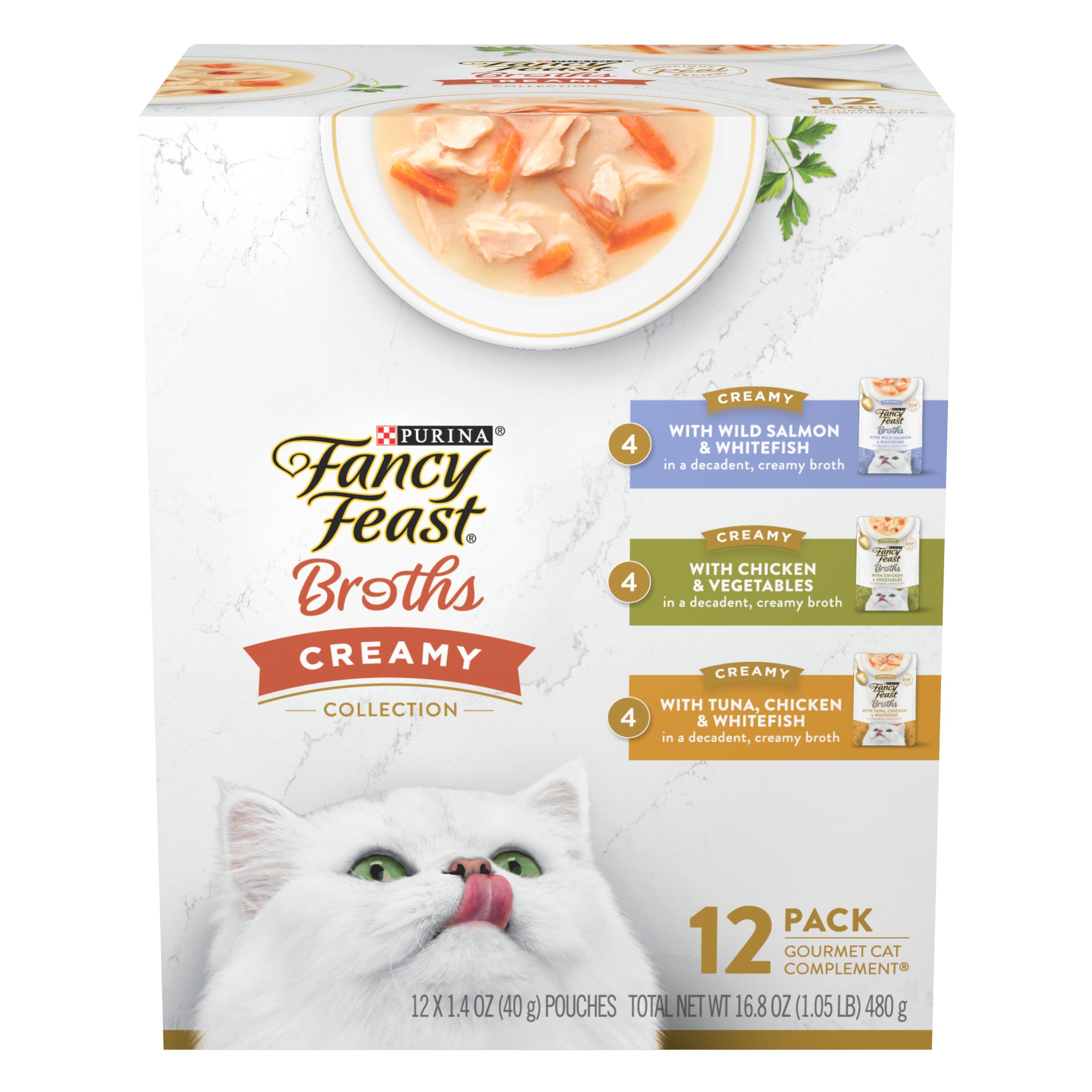 Fancy Feast Broths chicken and vegetables pouch; creamy broth topper to entice meals.