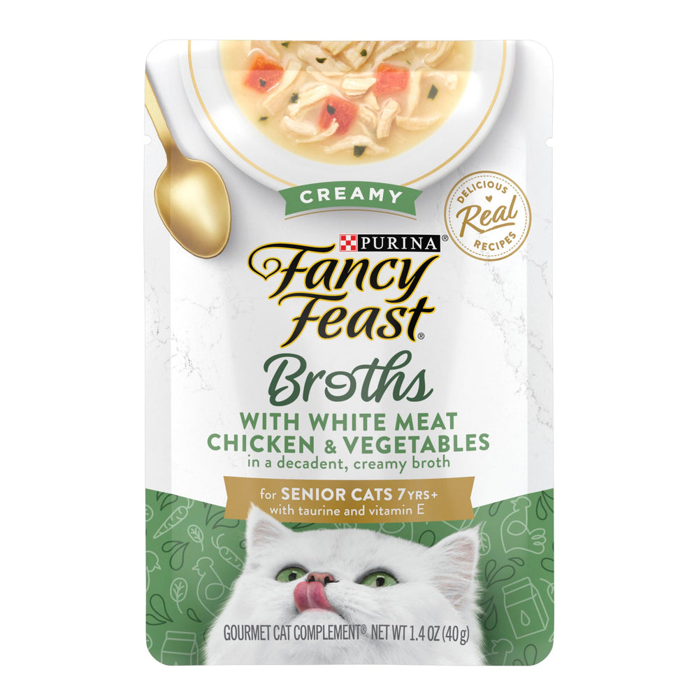 Fancy Feast Broths cremosa para gatos senior, porciones individuales para comodidad diaria