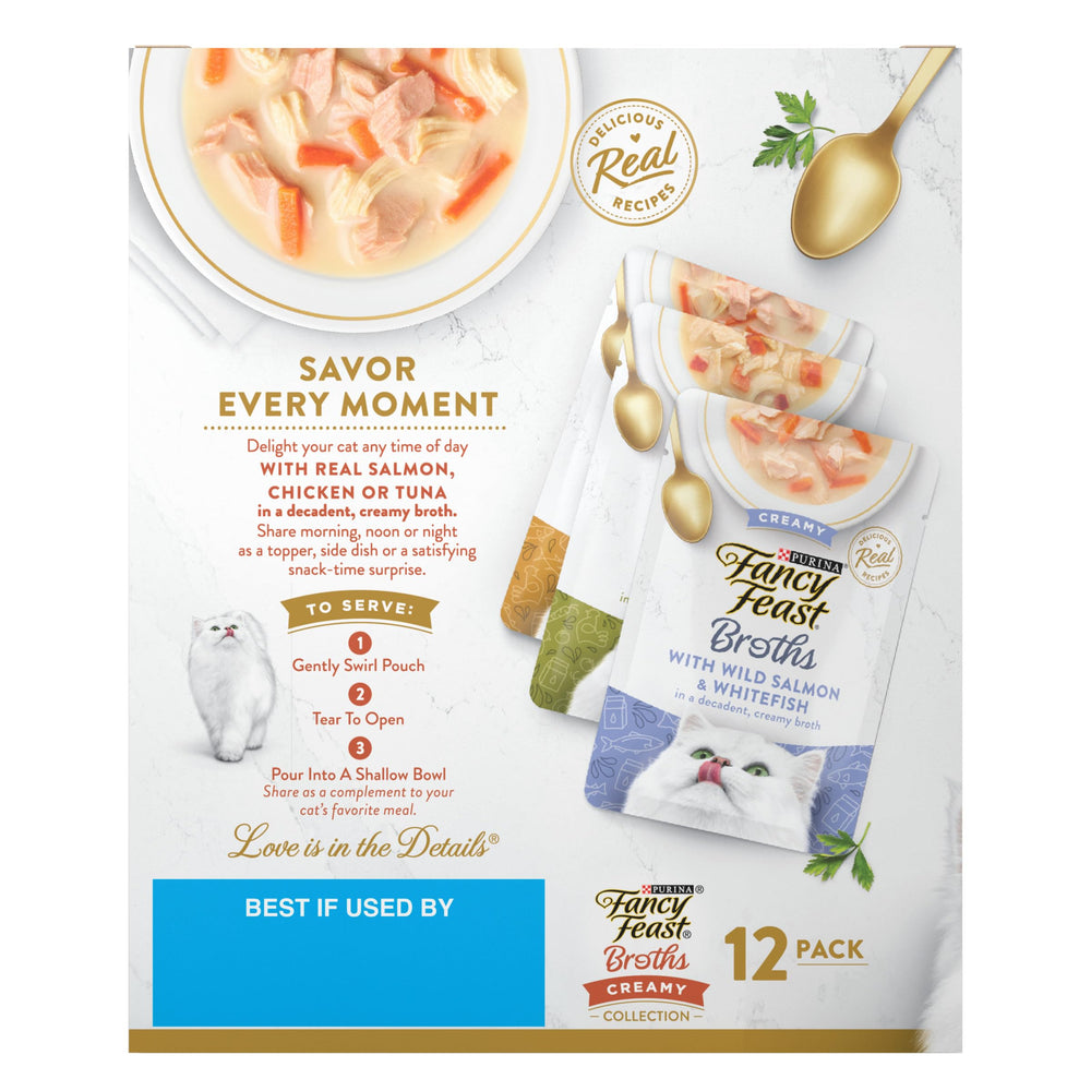 Fancy Feast Broths easy-serving pouches; quick toppers for busy cat owners.