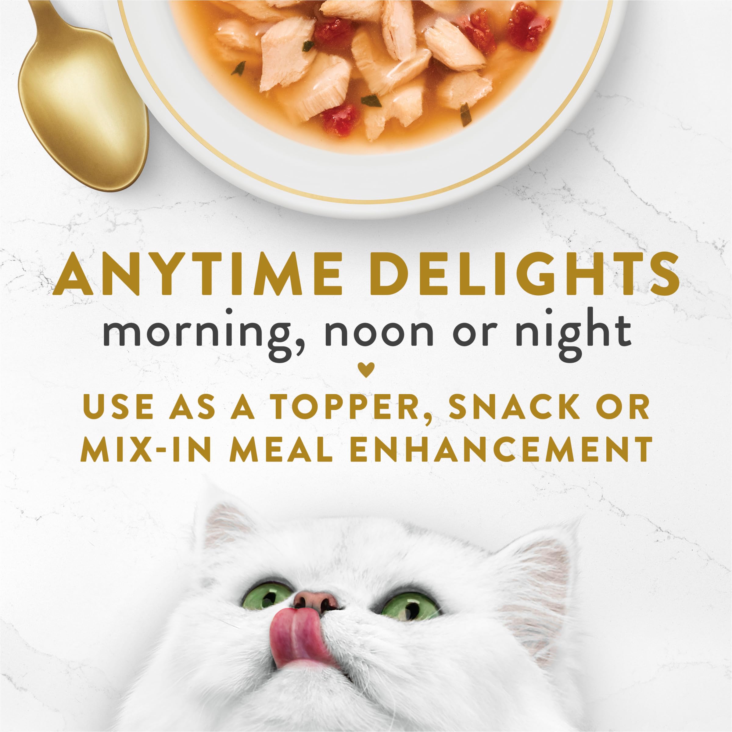 Fancy Feast Broths empaque práctico para verter fácilmente en cada comida.